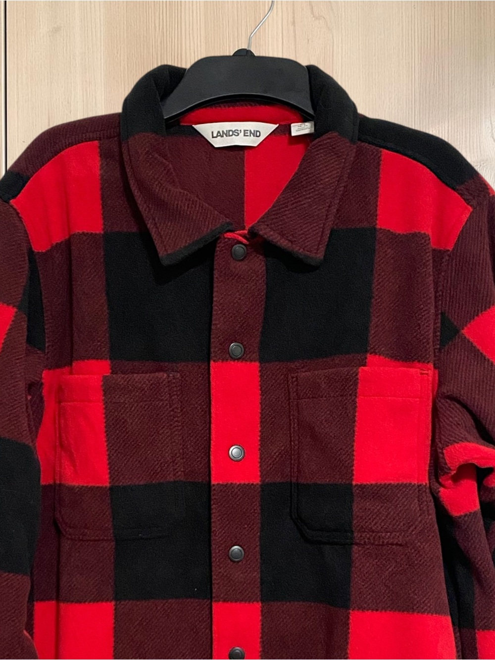 NWT Lands End Shirt Jacket Mens Anyweather Fleece Snap Front Buffalo Plaid Sz M